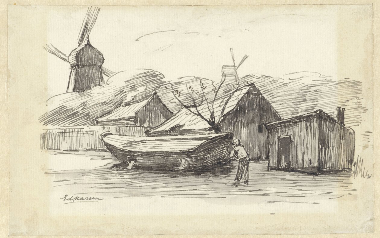 Barco, casas y un molino de viento de Eduard Karsen