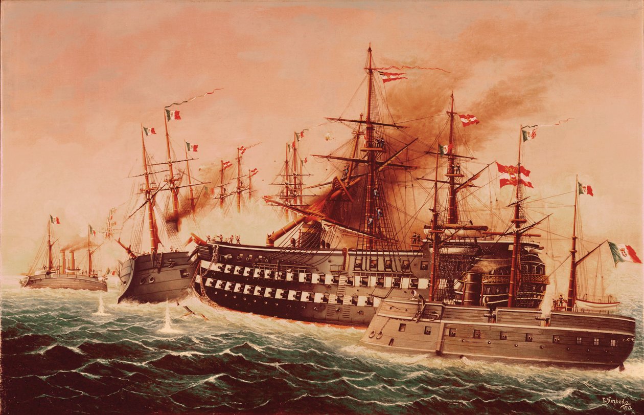 La batalla naval de Lissa ... (pintura sobre lienzo) de Eduard Nezbeda
