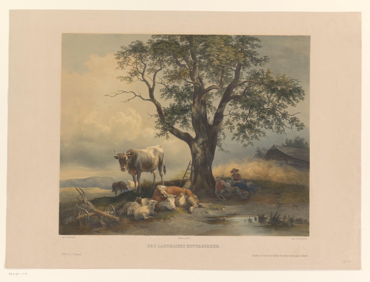 Figuras con ganado descansando en un paisaje Mittagsruhe de Des Landmann (título sobre objeto) de Eduard Weixlgärtner