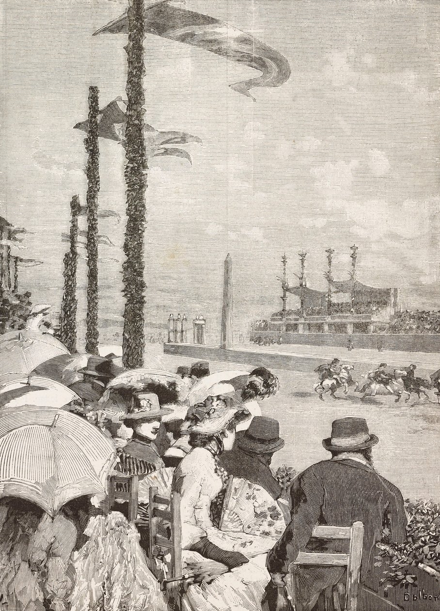 Carreras de caballos en las fiestas de Pompeya, Pompeya, Italia, grabado a partir de un dibujo de Edoardo Dalbono, de L