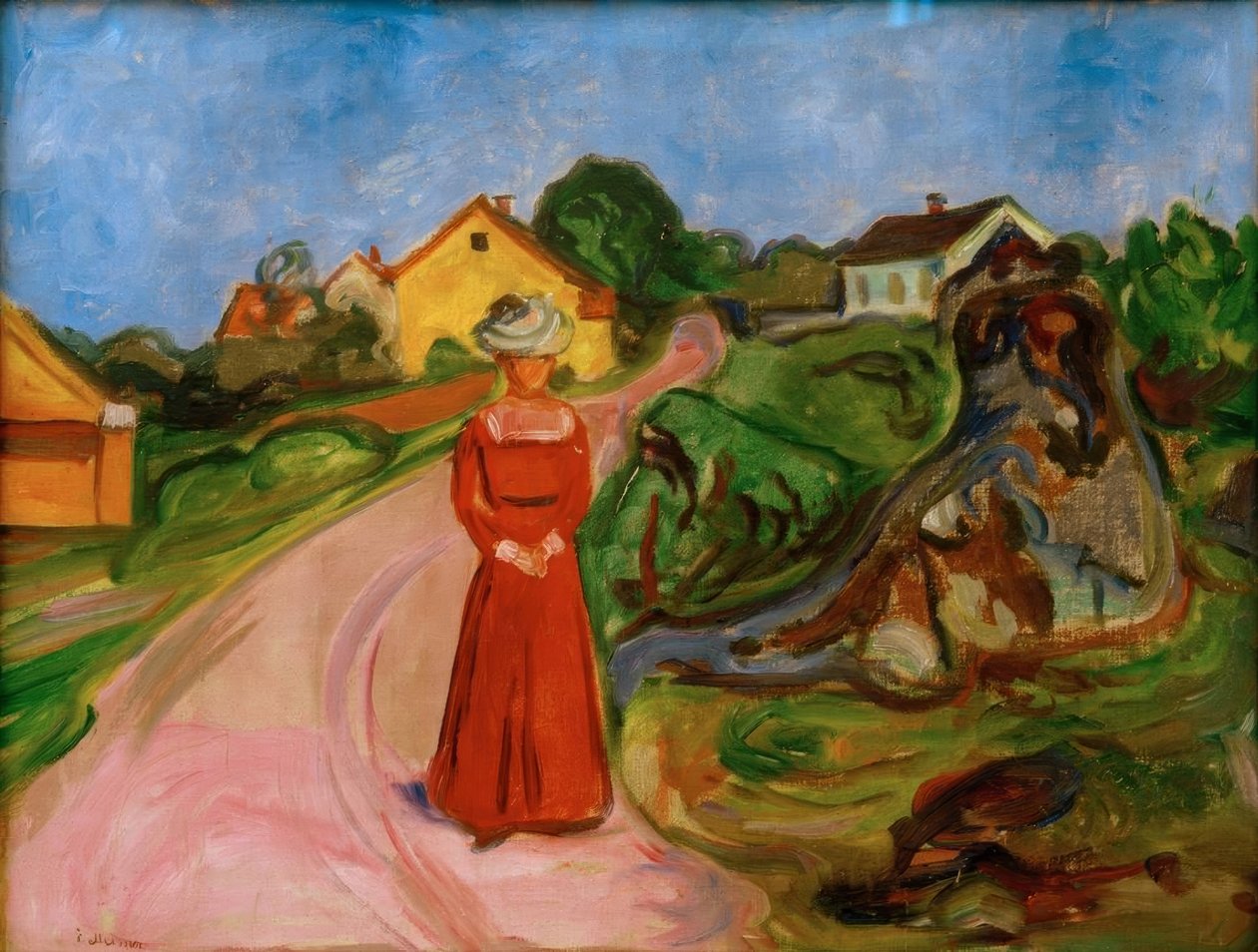 Mujer con vestido rojo (Calle en Åsgårdstrand) de Edvard Munch