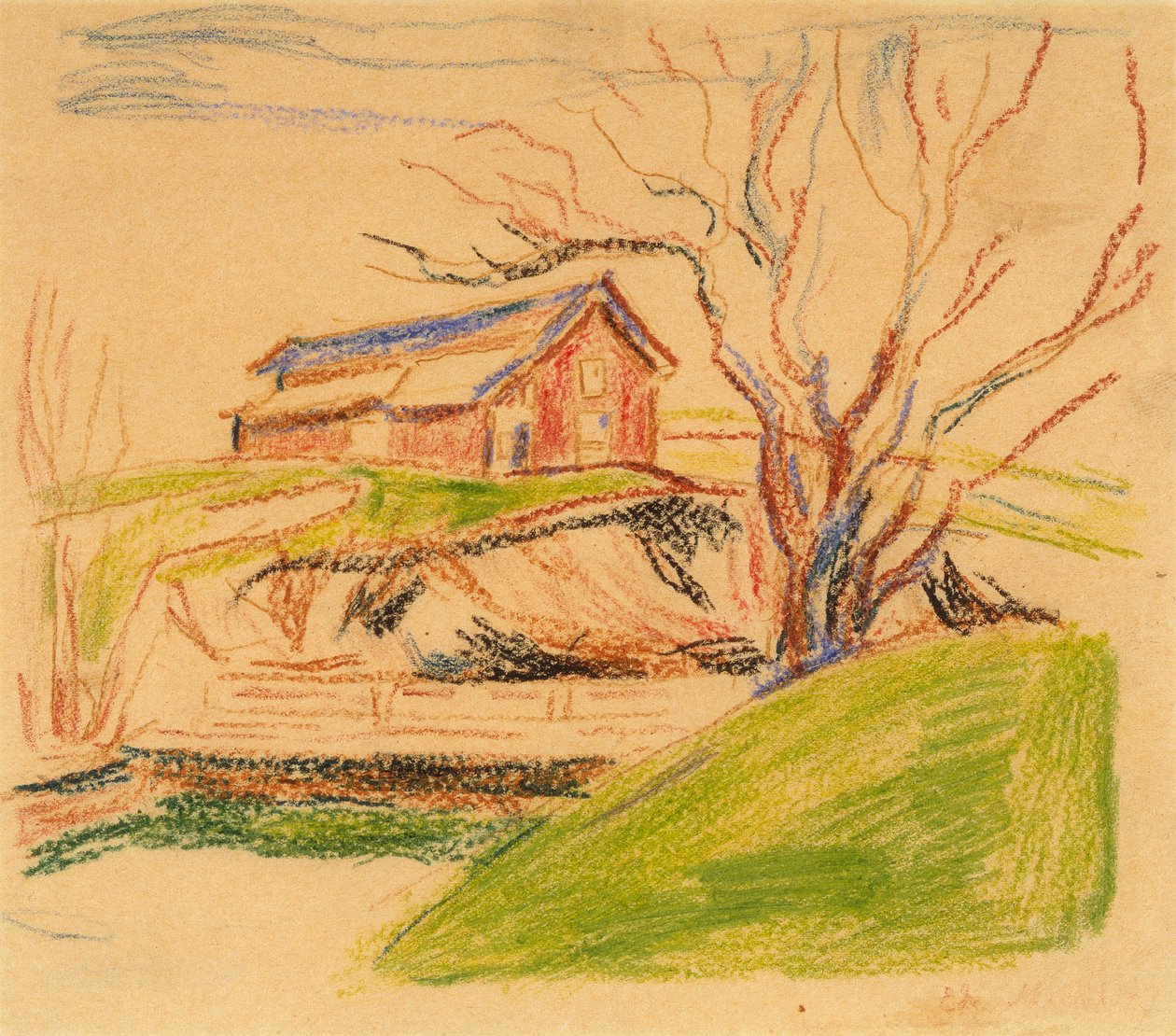 Casa en la colina (crayón) de Edvard Munch