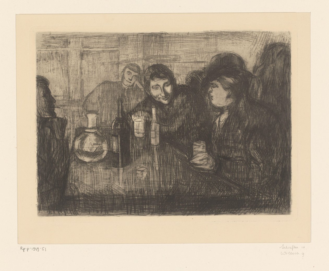 Hombres alrededor de una mesa en un café
Kristiana (Oslo) bohemios I (título original) de Edvard Munch