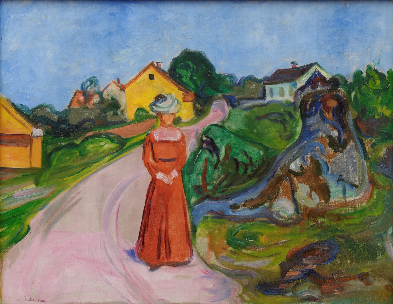 Calle en Åsgårdstrand y mujer con vestido rojo de Edvard Munch