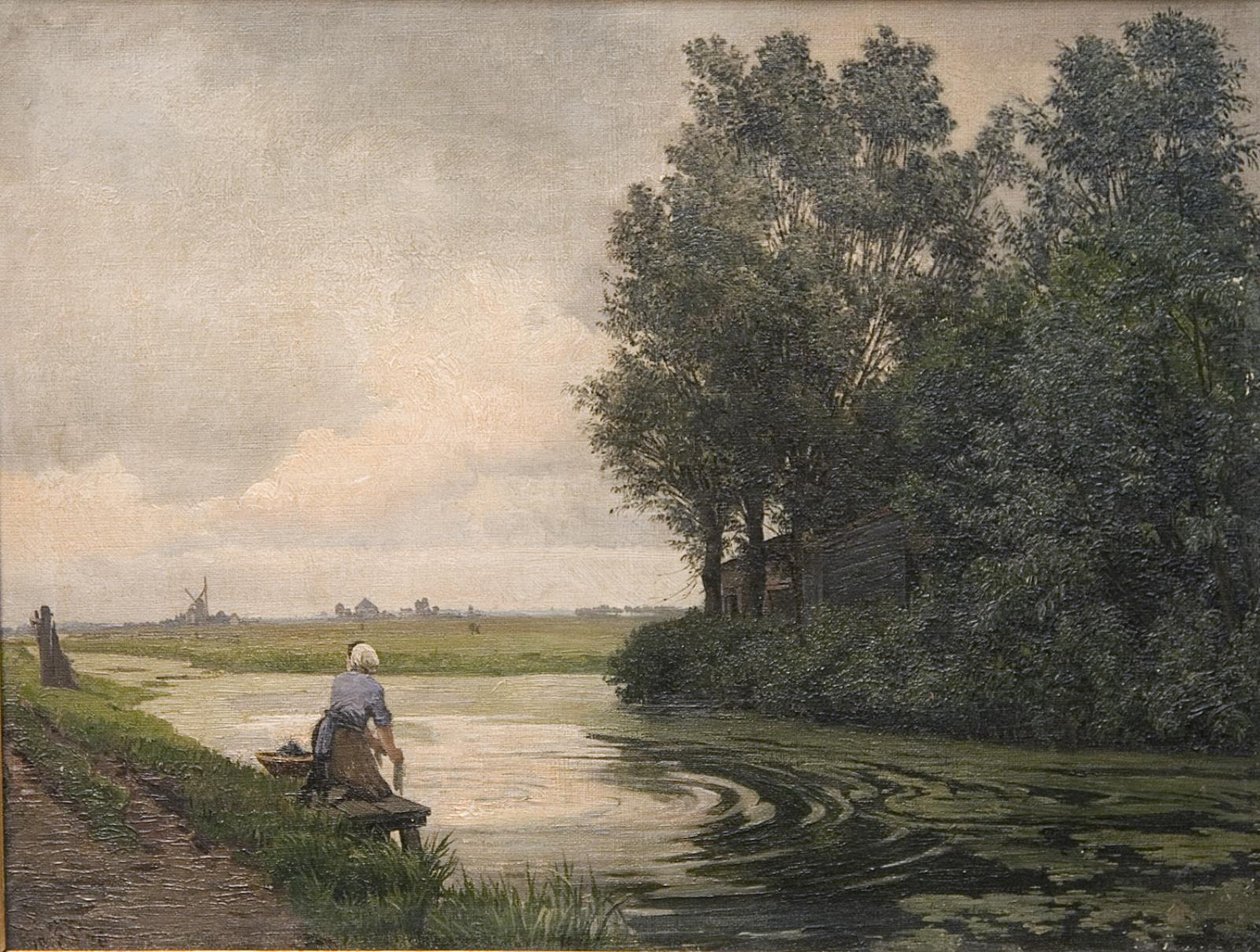 Paisaje holandés. Una niña lavando en un canal de Edvard Petersen