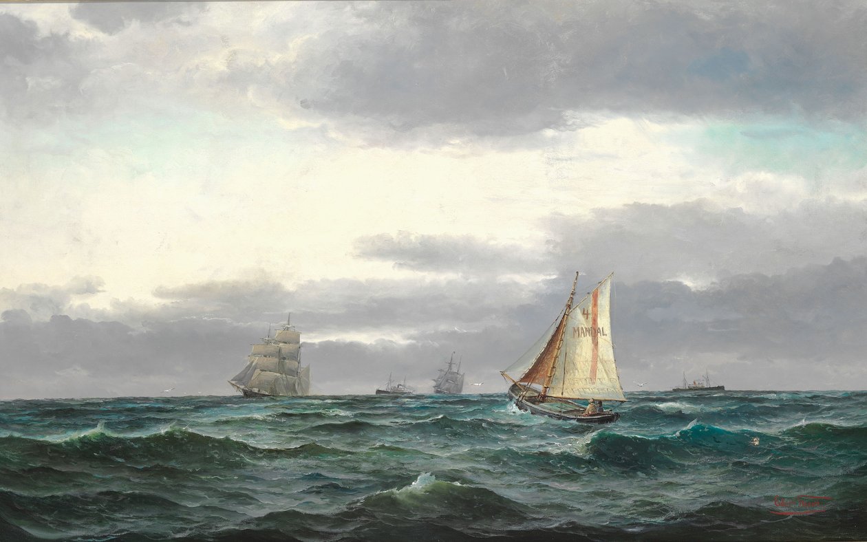 Marina con varios barcos, nubes grises de lluvia y un poco de cielo azul de Edvard Skari