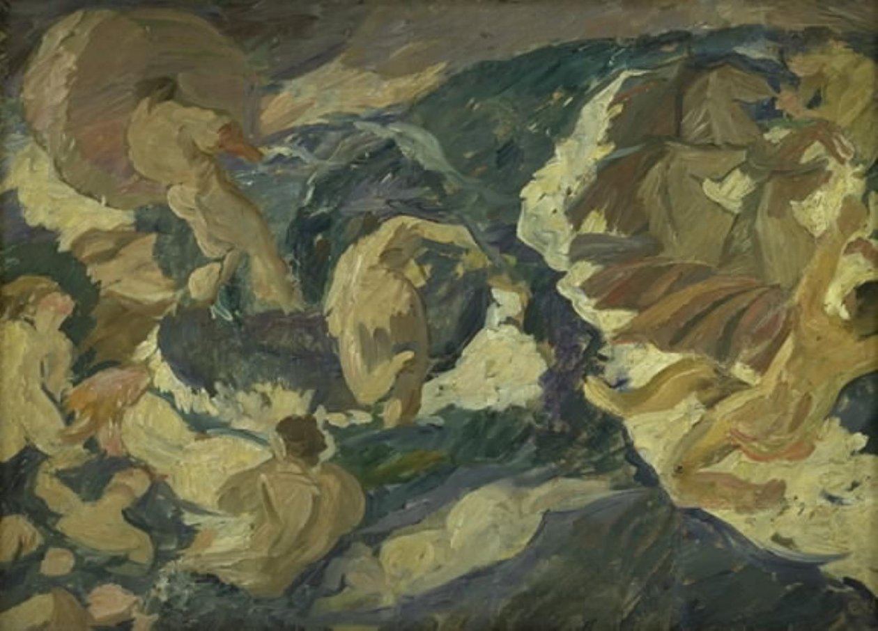Poseidón corriendo sobre el mar rodeado de nereidas y tritones de Edvard Weie