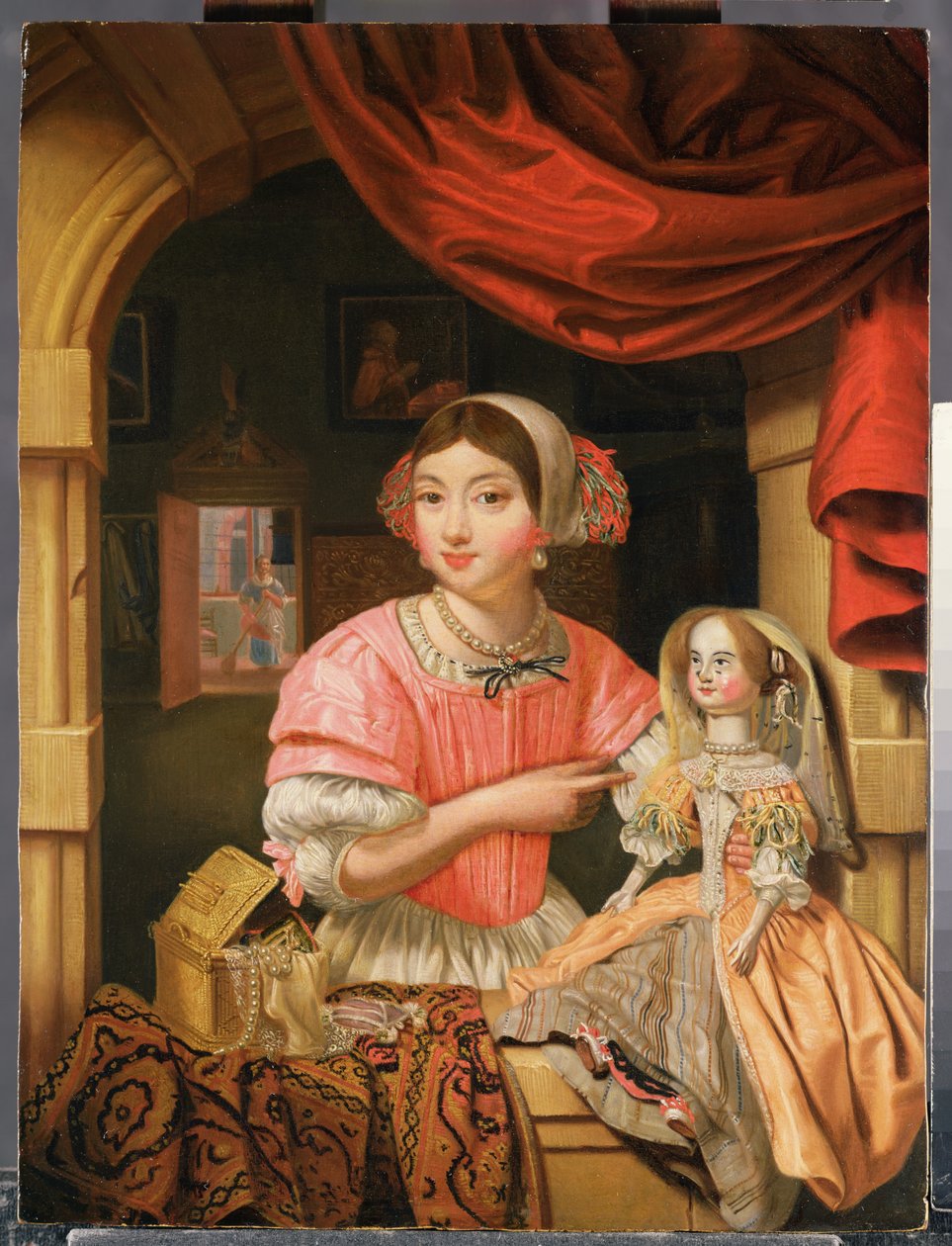 Niña sosteniendo una muñeca en un interior con una criada barriendo detrás de Edwaert Colyer or Collier