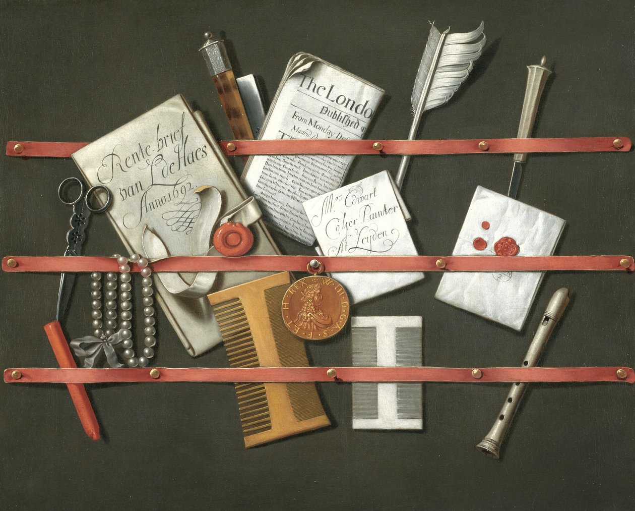 Naturaleza muerta, un estante de cartas, 1692 de Edwaert Colyer or Collier