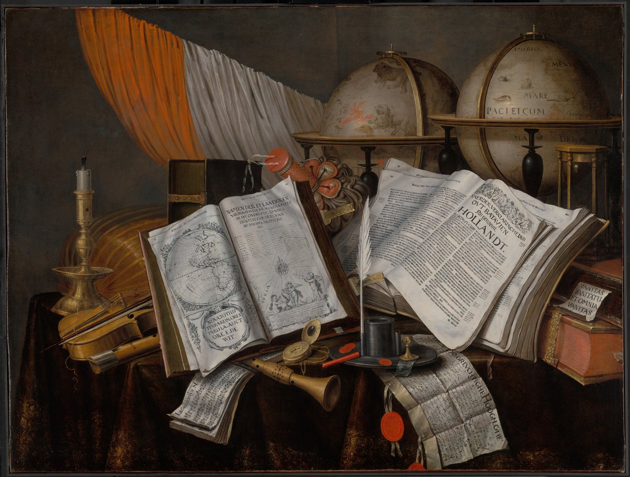 Una Naturaleza Muerta Vanitas con una Bandera, Candelabro, Instrumentos Musicales, Libros, Material de Escritura... de Edwaert Collier