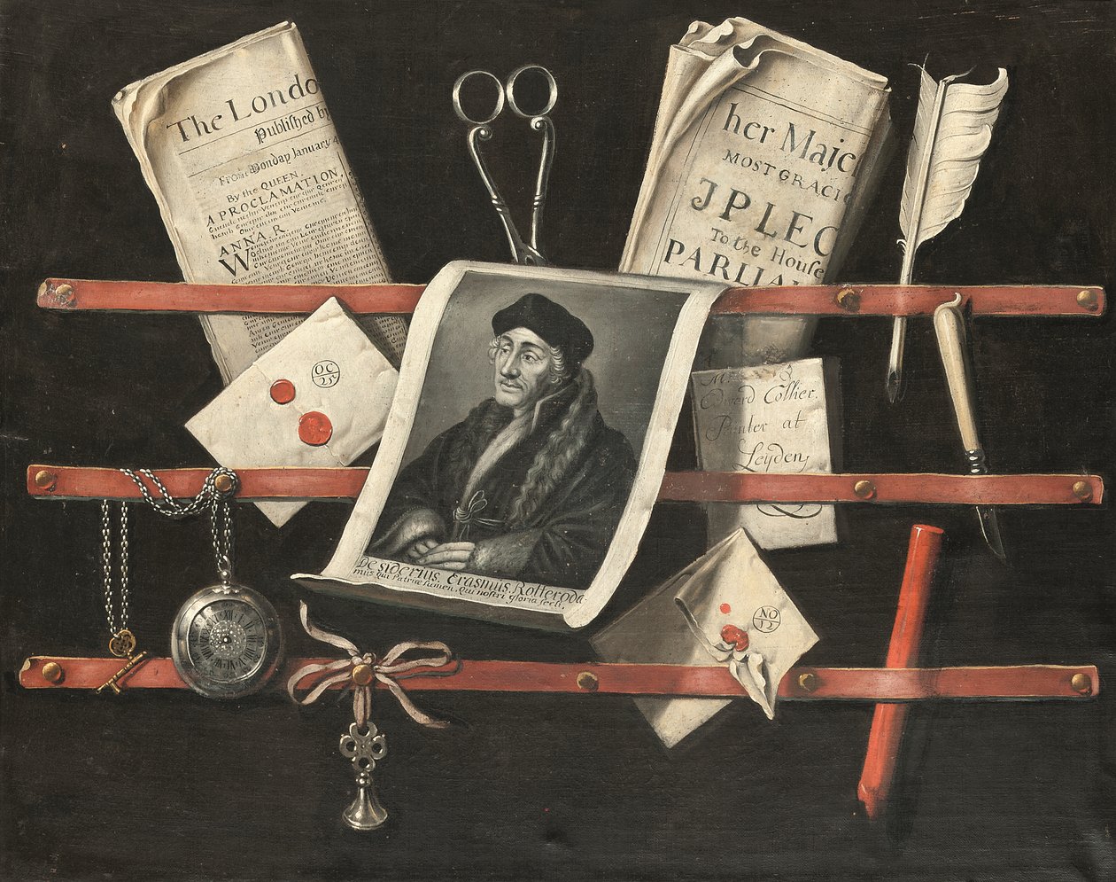 Un trampantojo de letras, un grabado sobre un retrato de Erasmo de Rotterdam (1466-1536), una pluma, un reloj de bolsillo, una barra de cera roja y otros objetos (óleo sobre lienzo) de Edwaert Colyer or Collier