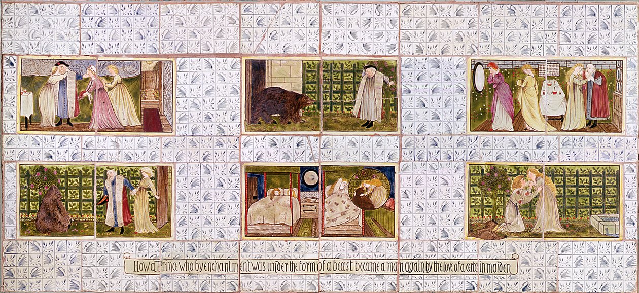 Panel de azulejos que representa la historia de La Bella y la Bestia de la casa de Birket Foster en Witley, Surrey, c.1862 de William Morris