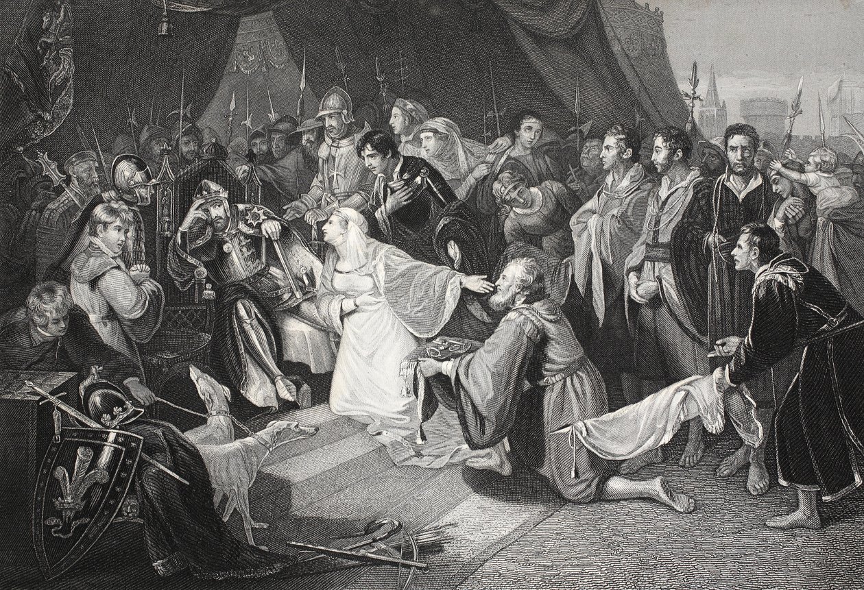 La rendición de Calais, 4 de agosto de 1347, grabado por John Young de Edward Bird
