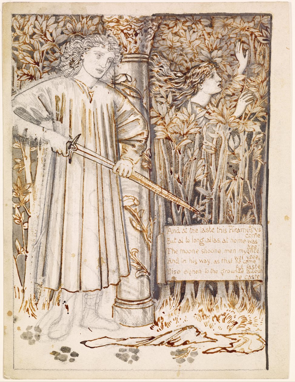 Píramo y Tisbe - Píramo saca su espada para matarse de Edward Burne Jones