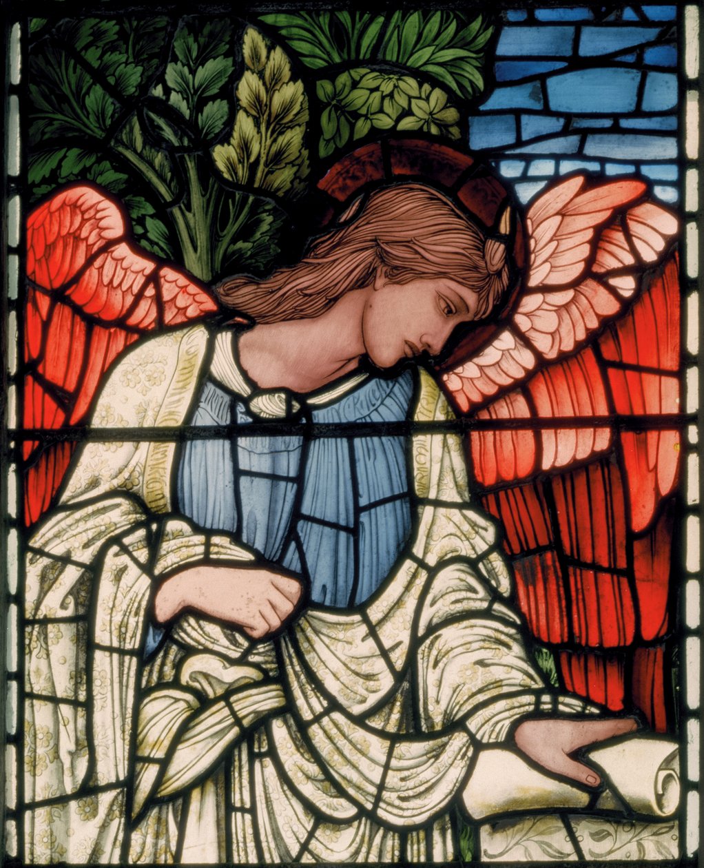 Birmingham, Acocks Green, St Mary The Virgin, Morris & Co., Edward Burne-Jones, John Henry Dearle (1859-1932), Ángel con pergamino (detalle), 1895 de Edward Coley and Dearle Burne Jones