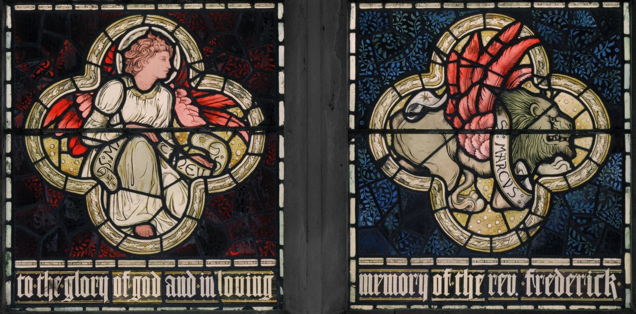 Birmingham, Acocks Green, St Mary The Virgin, Morris & Co., Edward Burne-Jones, John Henry Dearle (1859-1932), Símbolos de los Evangelistas, San Mateo y San Marcos, 1895 de Edward Coley and Dearle Burne Jones