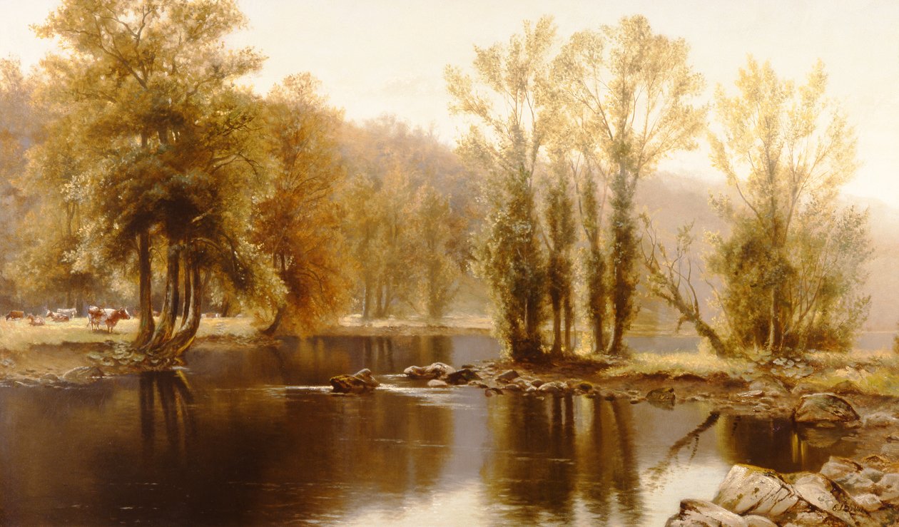 Paisaje fluvial extenso con ganado de Edward J. Duval