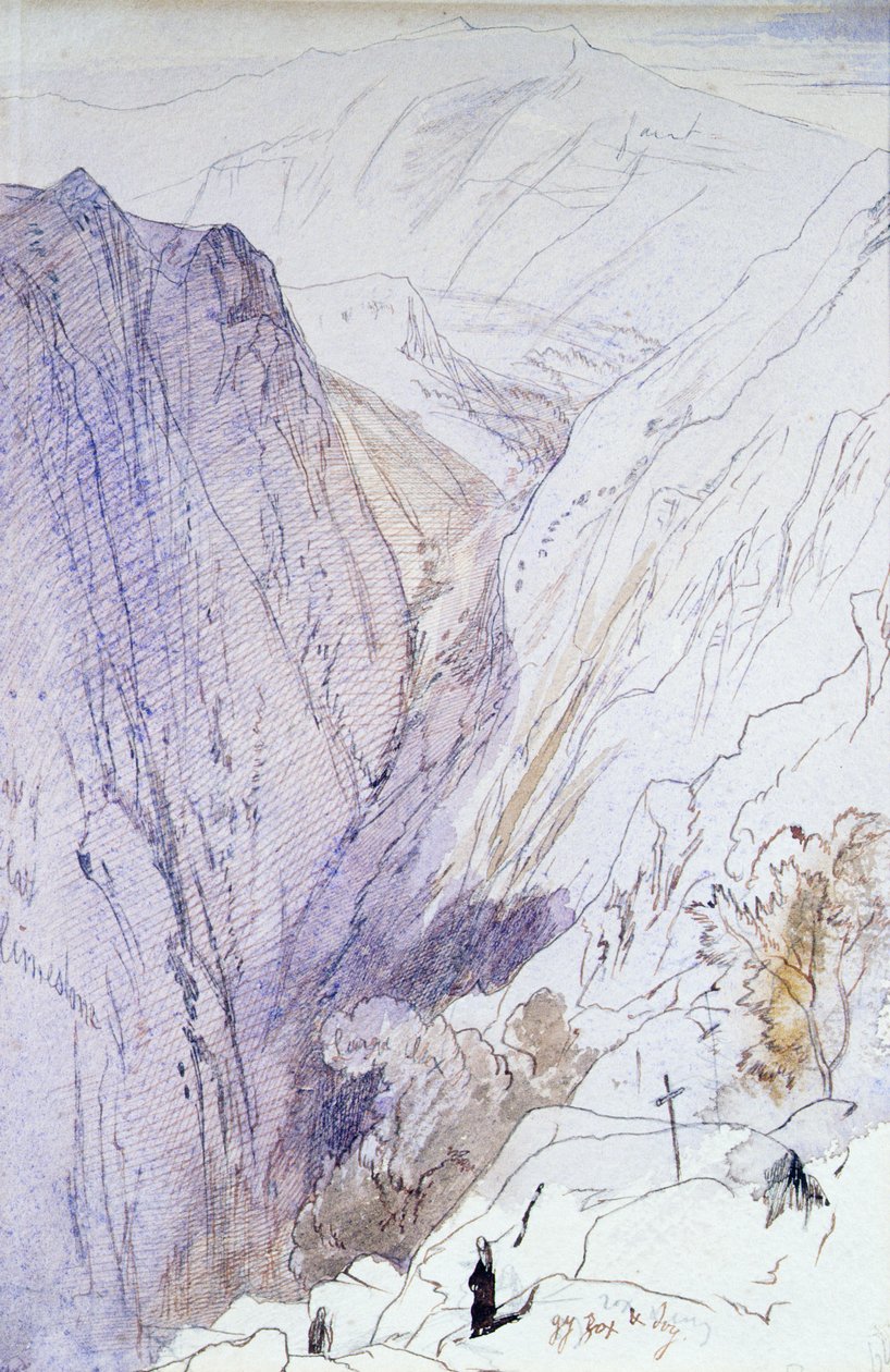 Athos con monjes en primer plano, 1856 de Edward Lear
