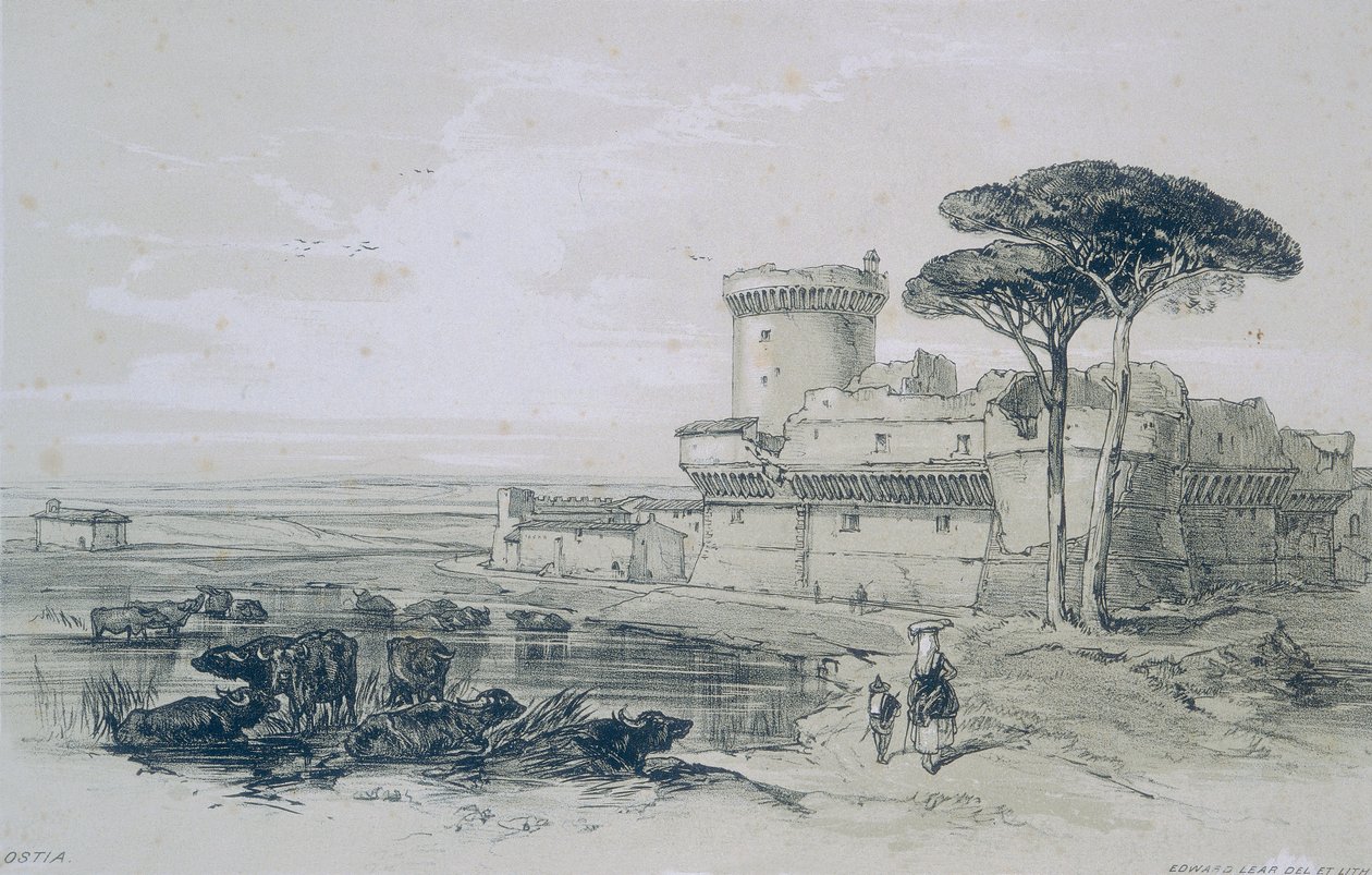 Vistas de Roma y sus Alrededores: Castillo de Ostia en la Desembocadura del Tíber de Edward Lear