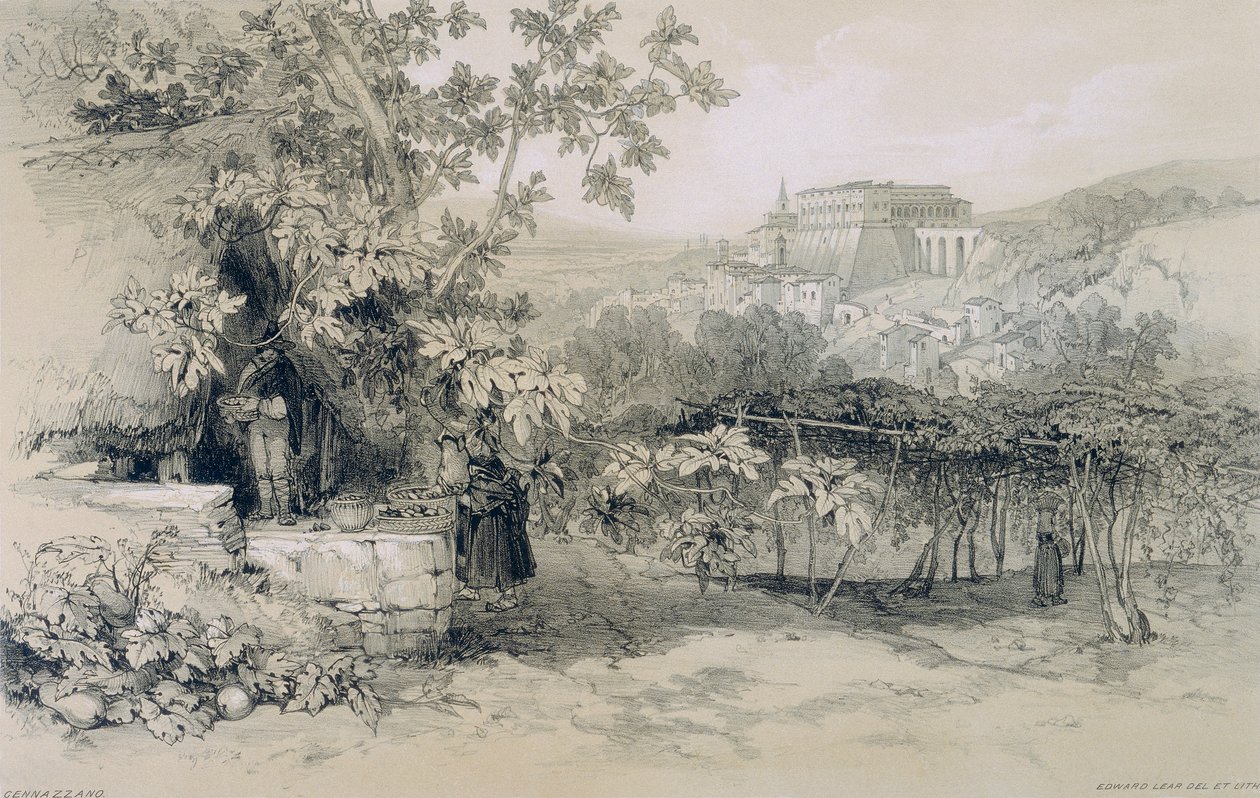 Vistas de Roma y sus Alrededores: Vista de Gennazzano con el Pueblo y el Palacio de Colonna de Edward Lear