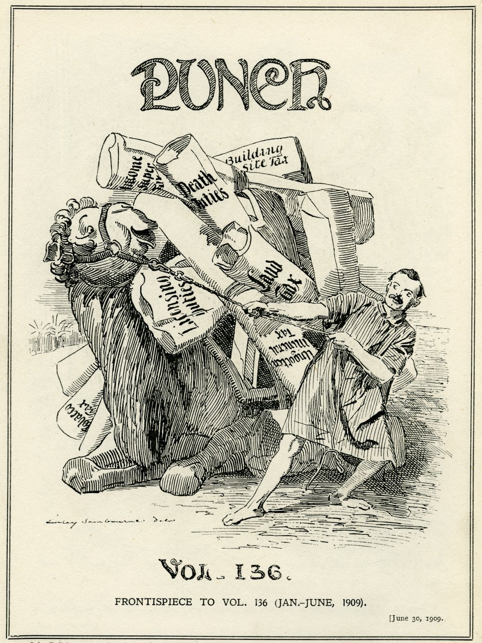 John Bull, representado como un camello, se muestra reacio a cargar con los nuevos impuestos impuestos por Lloyd George en 