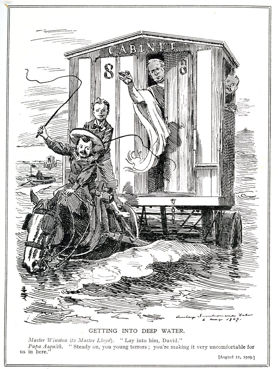 El Primer Ministro Asquith retiene a Lloyd George y Winston Churchill de causar alarma con sus discursos incendiarios en apoyo de ayudar a los desempleados y la introducción de un salario mínimo, 1909 de Edward Linley Sambourne