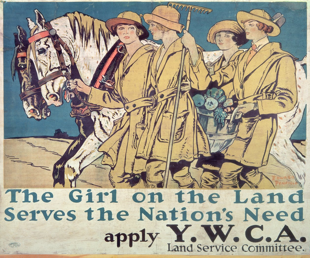 La chica en la tierra sirve a la necesidad de la nación, cartel de la YWCA de la Primera Guerra Mundial de Edward Penfield