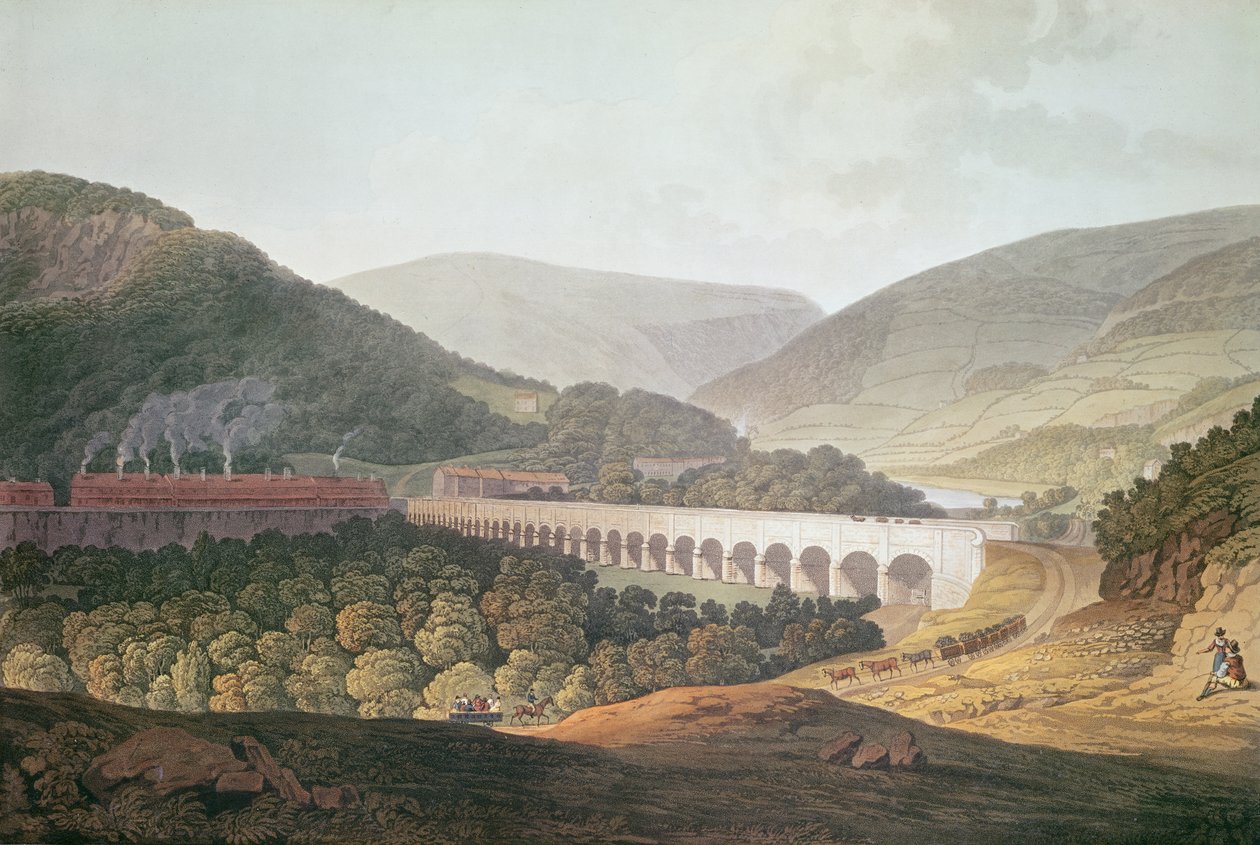 Vista de un puente de piedra sobre el valle y el río en Risca en Monmouthshire de Edward Pugh