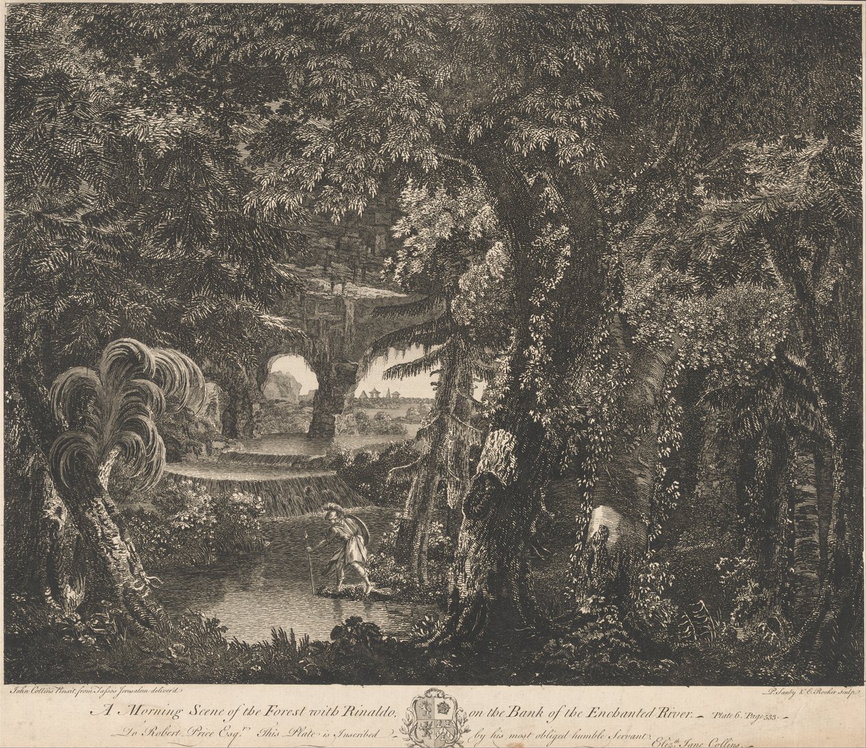 Una escena matutina del bosque con Rinaldo en la orilla del río encantado de Edward Rooker