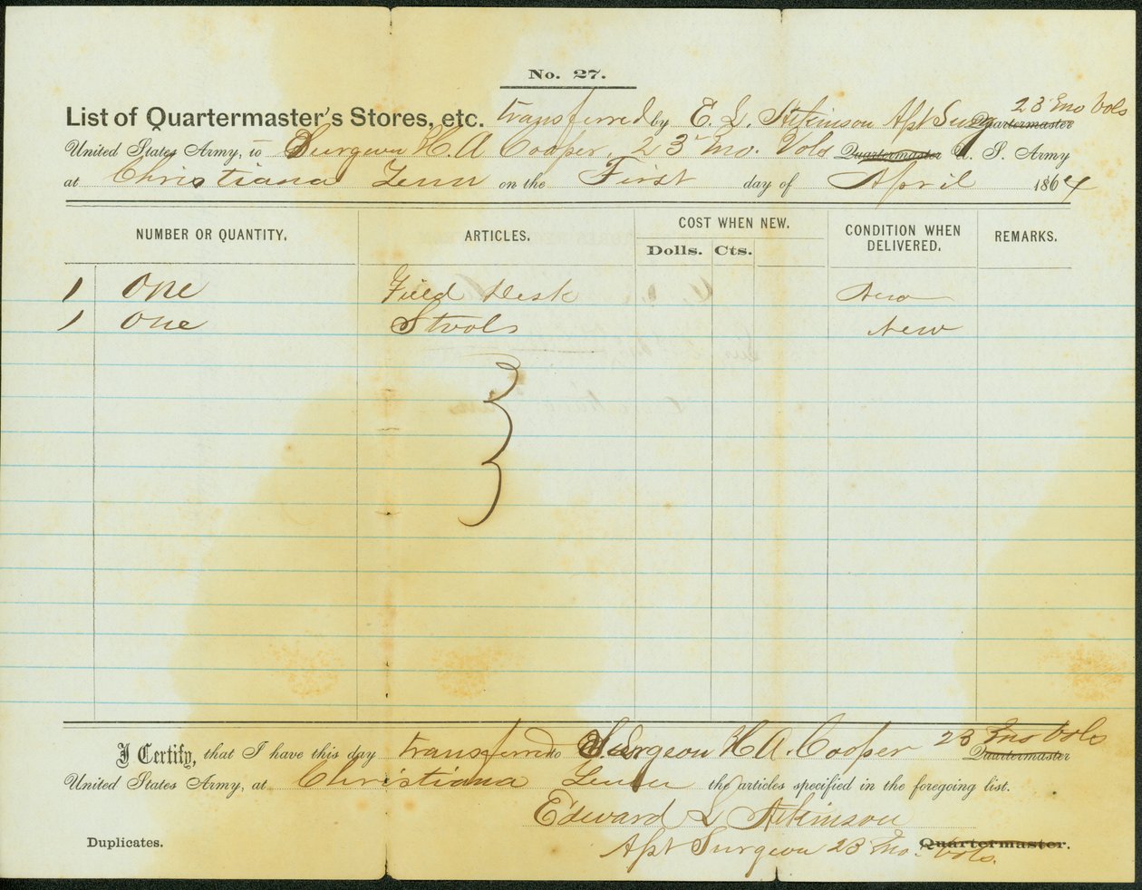 Listas de tiendas transferidas por Atkinson al cirujano H. A. Cooper, 23ª Infantería Voluntaria de Missouri de Edward S. Atkinson