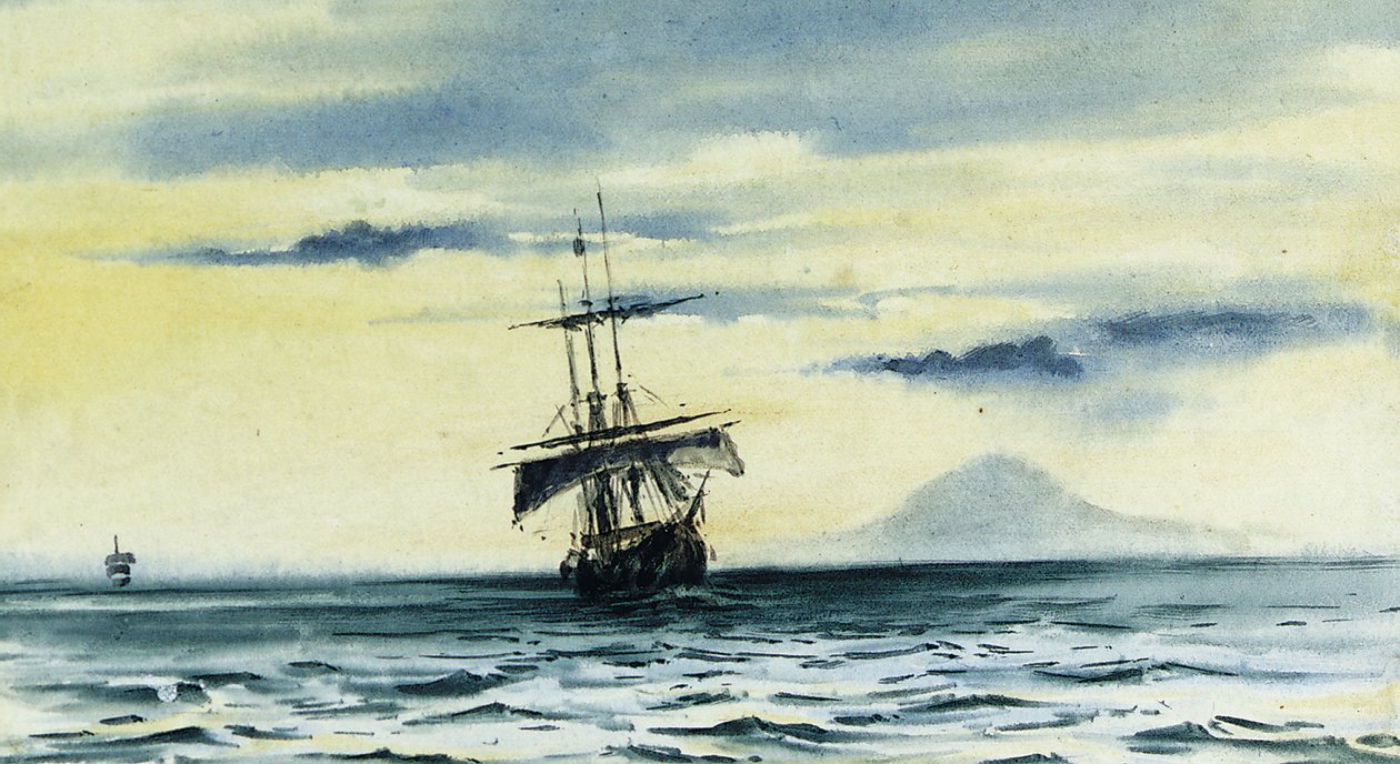 La última vista del Monte Discovery: SS. "Morning" y "Terra Nova" siguiendo al "Discovery" fuera del Estrecho de McMurdo, 19 de febrero de 1904 a medianoche, 1904 de Edward Adrian Wilson