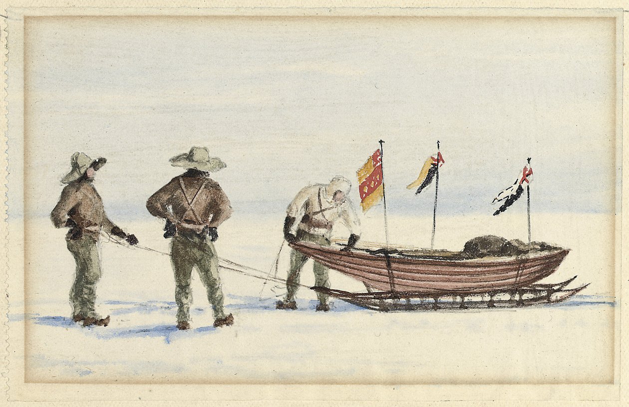 La fiesta del trineo a White Island, febrero de 1902: Shackleton, Wilson y Ferrar preparándose para partir de Edward Adrian Wilson