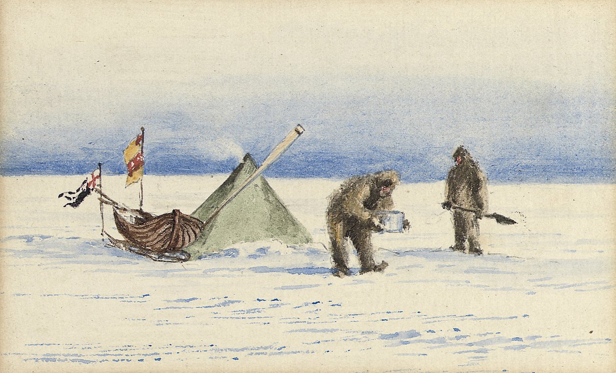 La fiesta del trineo a la Isla Blanca, febrero de 1902: Shackleton y Wilson haciendo campamento, 1902 de Edward Adrian Wilson