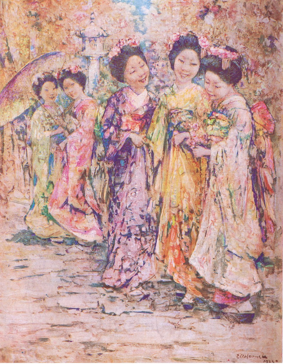 El paseo, Kioto, ilustración de My Magazine de Edward Atkinson Hornel