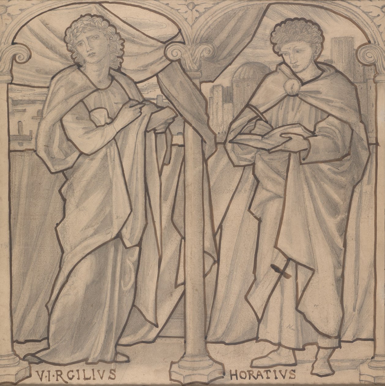 Diseño preparatorio para una vidriera, Virgilio y Horacio de Edward Burne-Jones