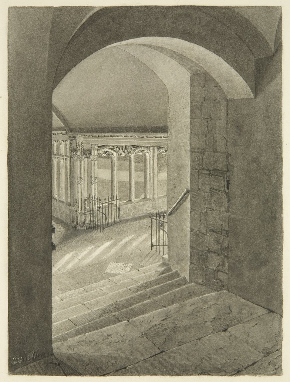 Entrada a los Claustros desde la Catedral de Bristol con la tumba de Edward Bird de Edward Cashin