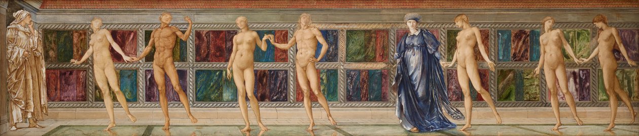 El peregrino en el jardín de la ociosidad - Estudio de nueve figuras, c.1874 (acuarela) de Edward Coley (studio of) Burne Jones