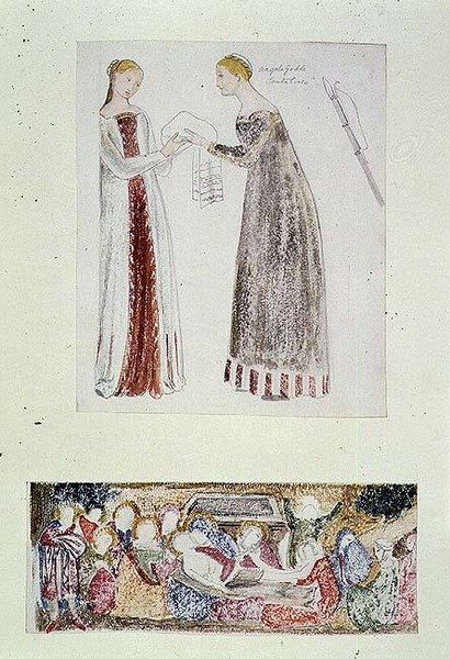 Dos criadas, una copia de El Nacimiento de María de Giovanni da Milano de la Capilla Rinuccini, Florencia; La Lamentación de Edward Coley Burne Jones