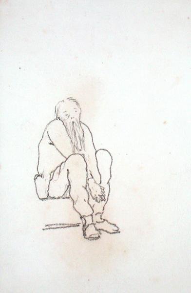 Autorretrato del artista, sentado, con las manos entre las rodillas, de un álbum de dibujos de Edward Coley Burne Jones