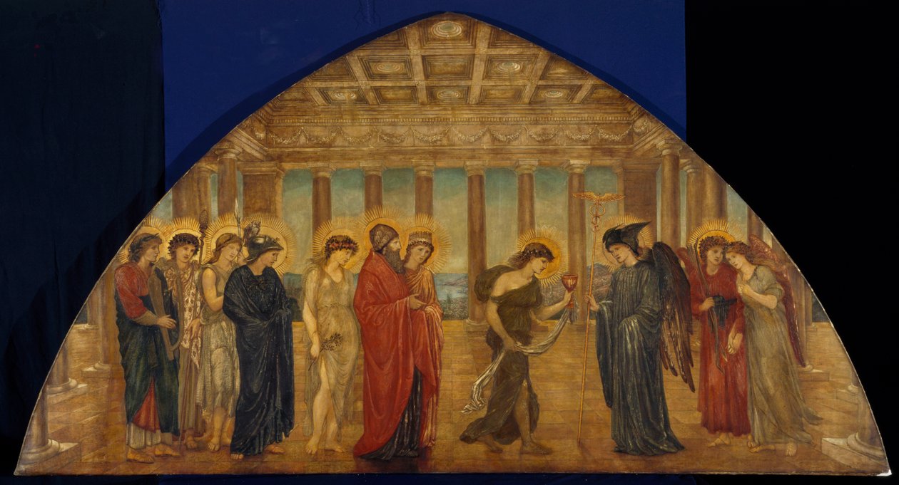 Cupido y Psique - Murales de Palace Green - Psique entrando en los portales del Olimpo, 1881 de Edward Burne Jones