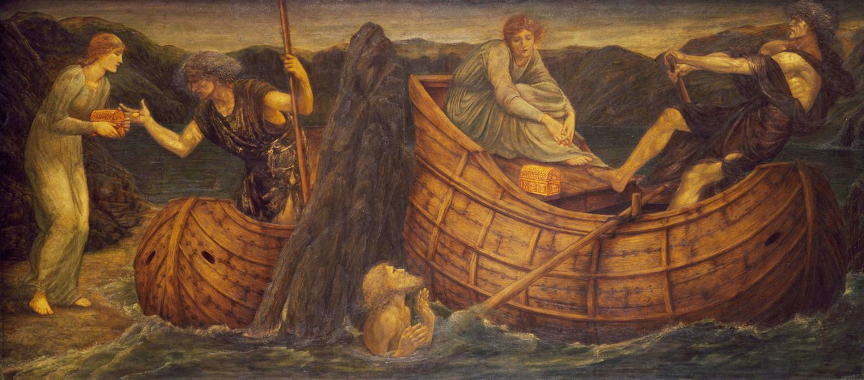 Cupido y Psique - Murales de Palace Green - Psique dando la moneda al barquero del Estigia, 1881 de Edward Burne Jones