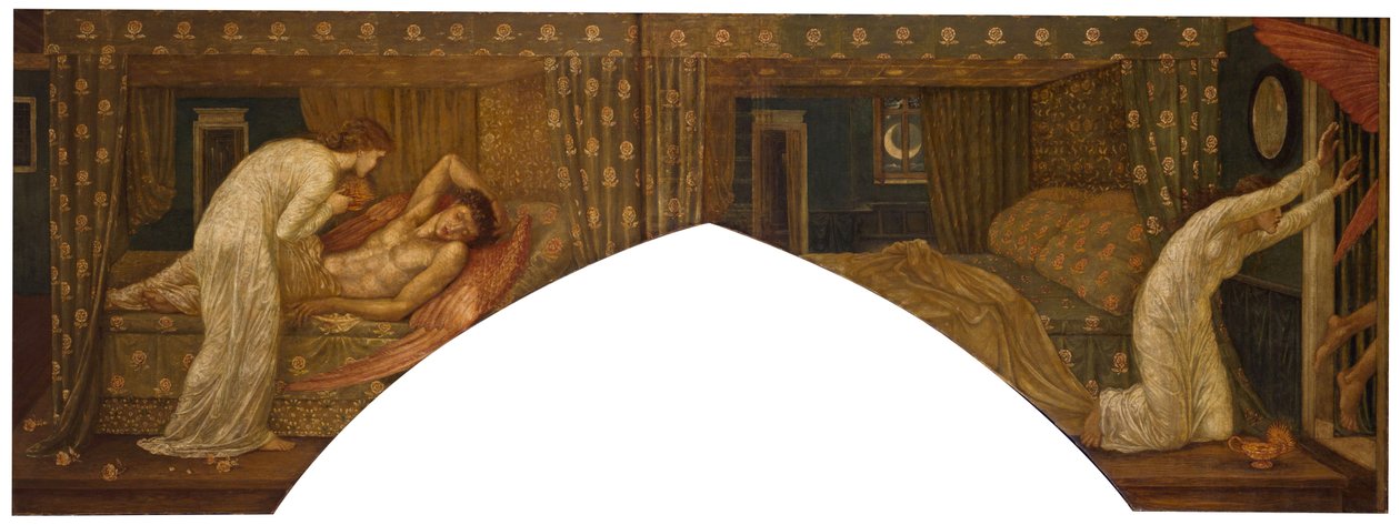 Cupido y Psique - Murales de Palace Green - Psique sosteniendo la lámpara mira el rostro de Cupido dormido y Psique abandonada, 1881 de Edward Burne Jones