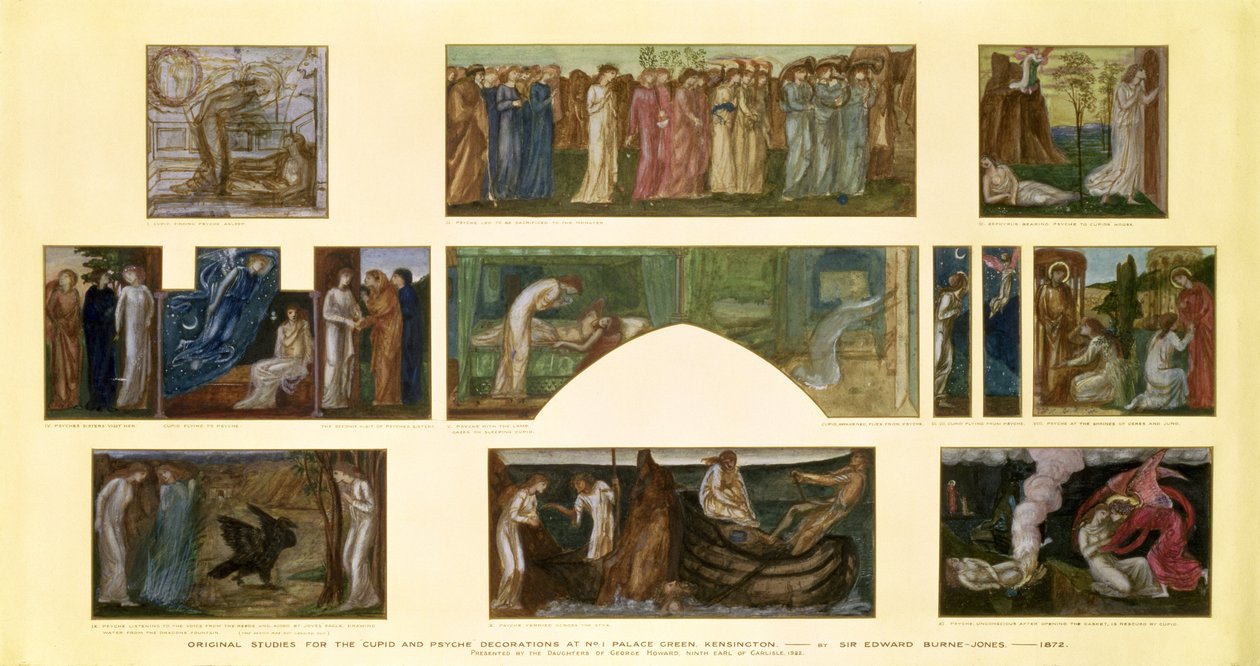 Diseños para las decoraciones de "Cupido y Psique" en No.1 Palace Green, Kensington, 1872 de Edward Burne Jones