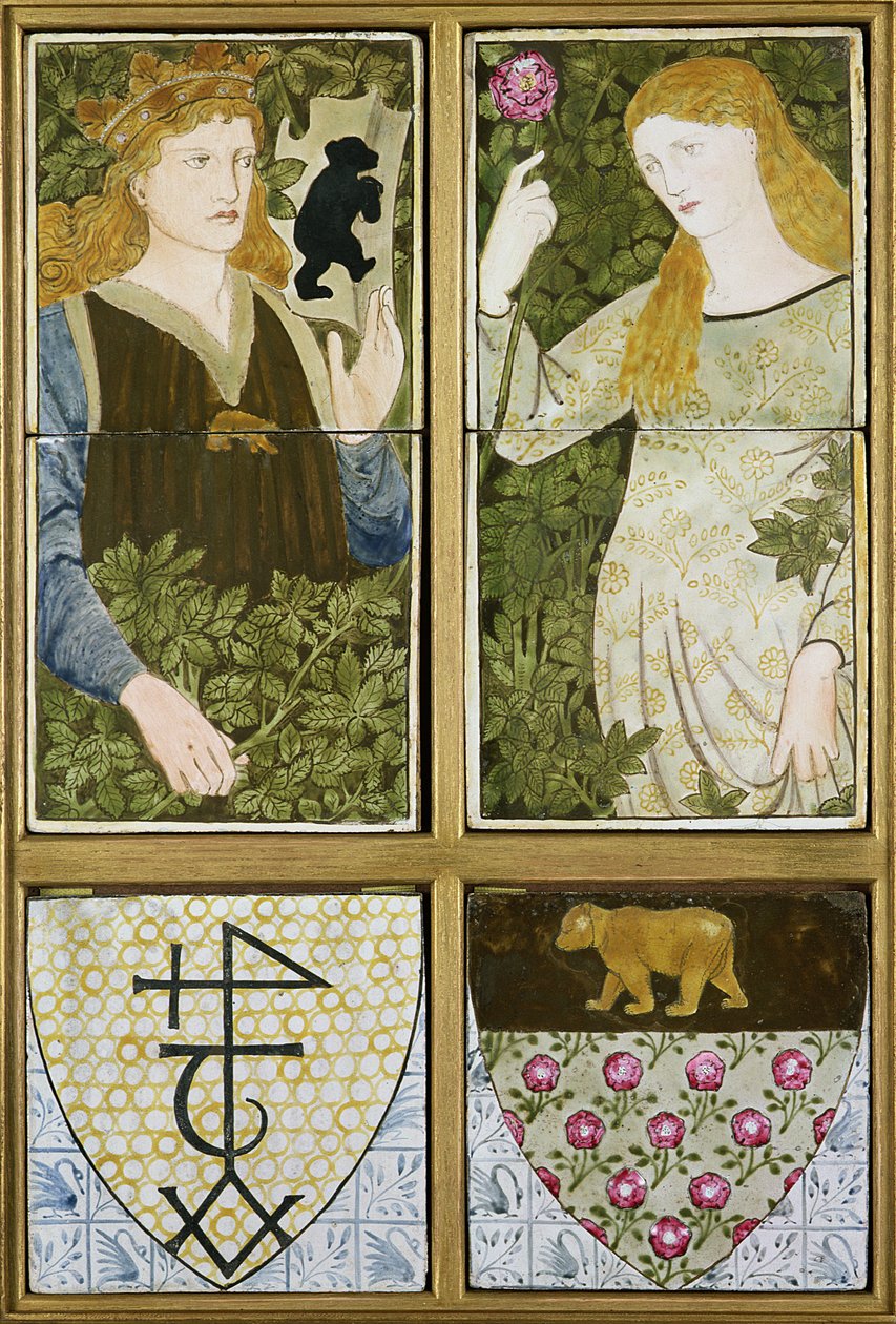 Rey Arturo y la Reina Ginebra, panel de seis azulejos fabricado por Morris, Marshall, Faulkner & Co. de Edward Burne Jones