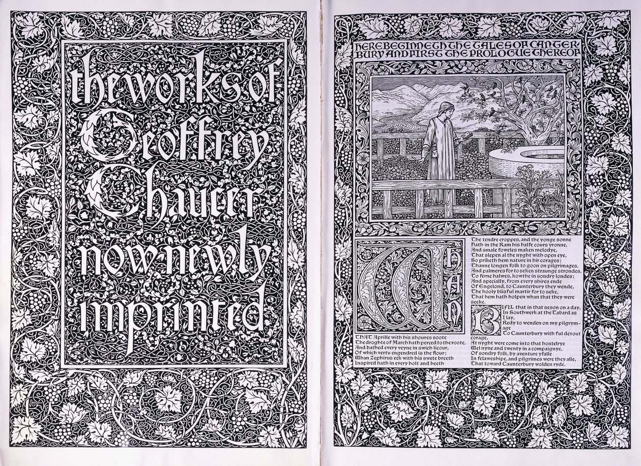 Página de título y página de apertura de la edición de Kelmscott Press de "Las obras de Geoffrey Chaucer", 1896 de Edward Burne Jones