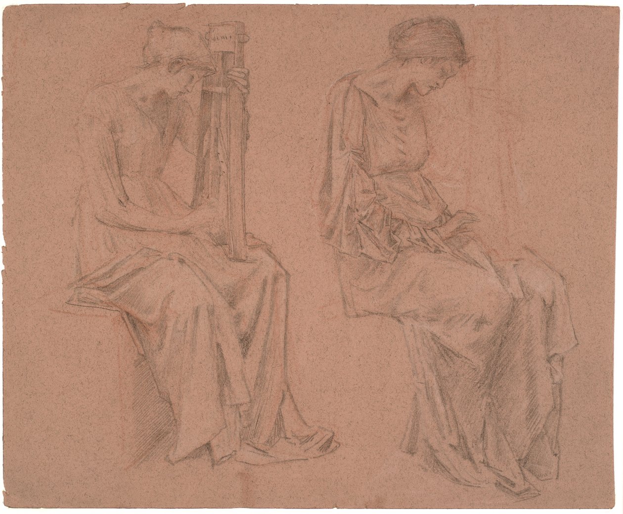 Dos estudios de una niña sentada tocando una cítara de Edward Coley Burne Jones