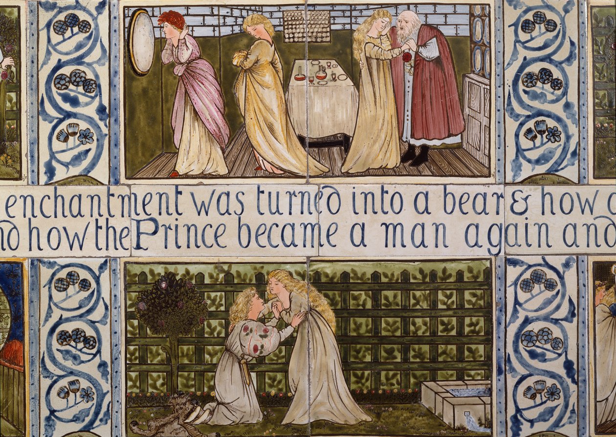 Panel de azulejos que representa la historia de la Bella y la Bestia de la casa de Birket Foster en Witley, Surrey, c.1862 (cerámica) de Edward Coley & Morris William (1834-96) Burne-Jones