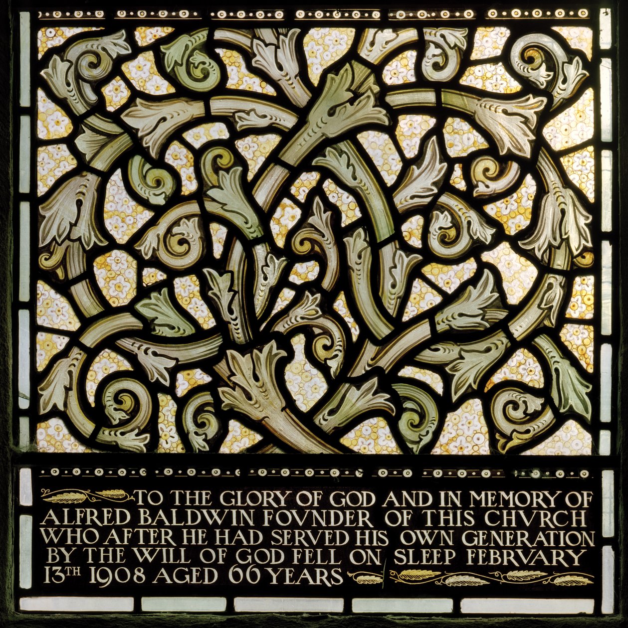 Dedicación a Alfred Baldwin de la ventana de Joshua de Edward Coley and Dearle Burne Jones