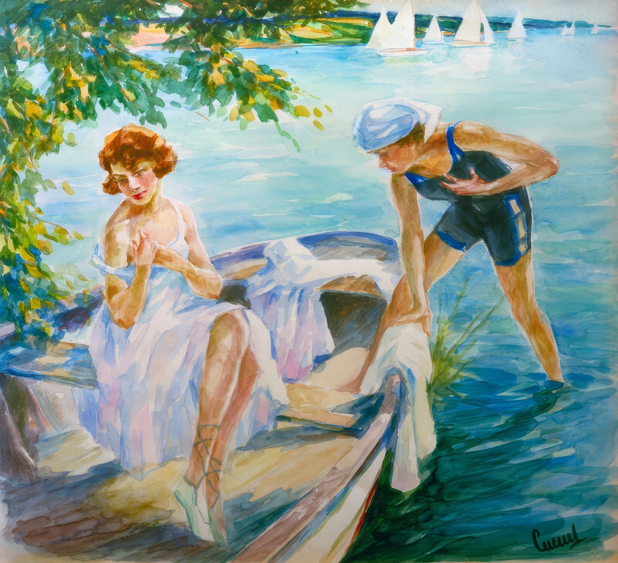 Día de verano en el lago con dos jóvenes en una barca de Edward Cucuel