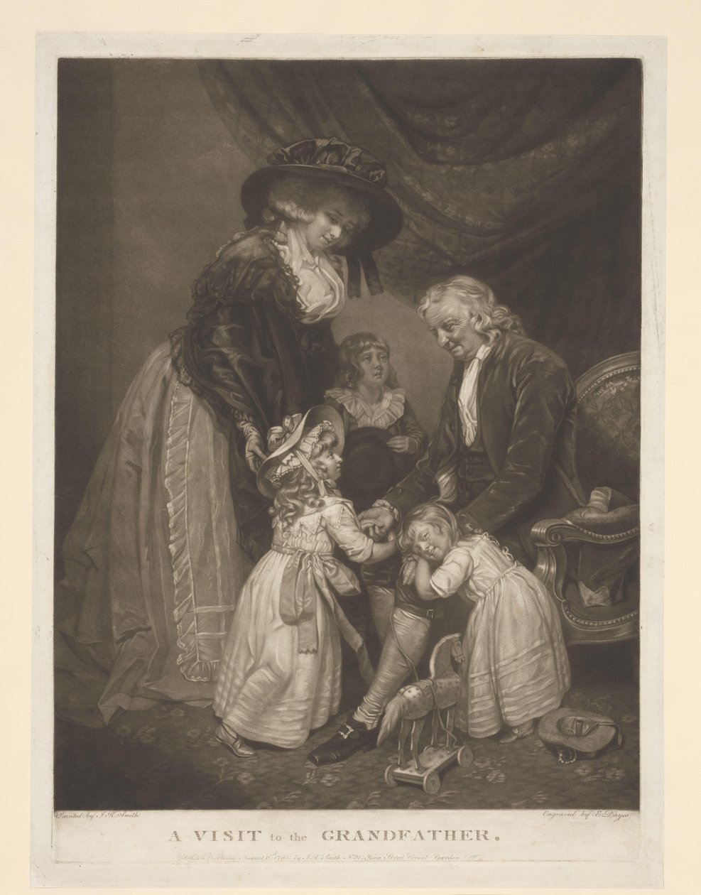 Mujer con tres hijos visitando a su abuelo Una visita al abuelo (título sobre el objeto) de Edward Dayes